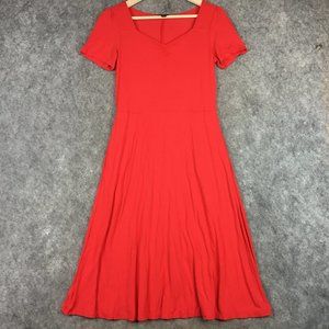 Ann Taylor Factory Dress XS Red Jersey Knit Midi Tea Short Puff Sleeve Sweethear